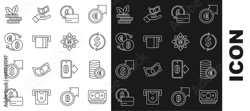 Set line Stacks paper money cash, Coin with euro symbol, Financial growth and dollar, Credit card, inserted, Cryptocurrency exchange, Dollar plant and Yen icon. Vector
