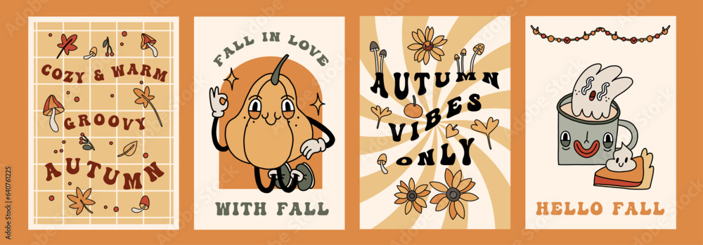 Autumn retro poster set with funny groovy mascots. A4 format card for Fall season. Pumpkin, leaves, mushrooms elements. Groovy autumn poster print template. Vintage cartoon style illustrations. Vector