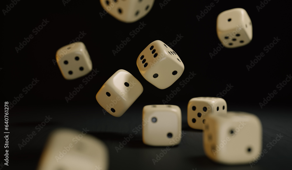 Several white dice falling on a black background. The contrast between white and black highlights the details, creating a stylish and dynamic look, perfect for gaming and entertainment themes Several white dice falling on a black background. The contrast between white and black highlights the details, creating a stylish and dynamic look, perfect for gaming and entertainment themes