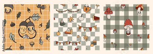 Groovy retro cozy autumn season seamless pattern set. Warm fall vibe of 70s. Pumpkin spice pie, coffee cup, mushrooms checkered background. Trendy vintage illustration in cartoon hand drawn style