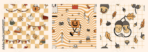 Groovy retro cozy autumn, halloween seamless pattern set. Fall vibe of 70s. Pumpkin spice pie, coffee cup, mushroom checkered background. Trendy orange vintage illustration in cartoon hand drawn style