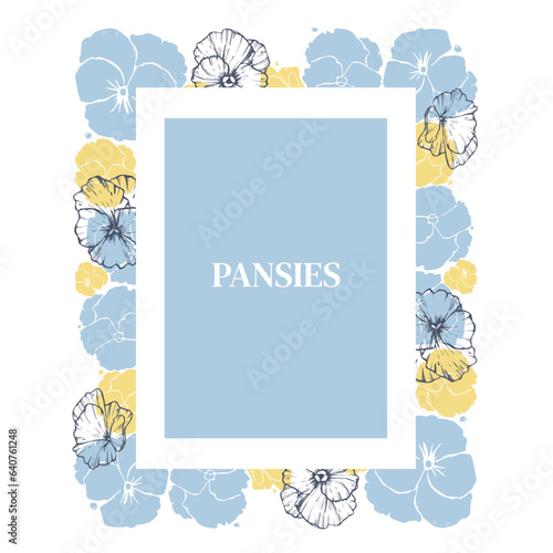 Pansies. Viola. Vector illustration of a frame made of flowers in a minimalistic style. For the design of postcards, posters, textiles, covers