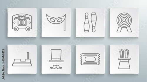 Set line Bumper car, Festive mask, Magician, Circus ticket, hat and rabbit ears, Bowling pin, Target and wagon icon. Vector