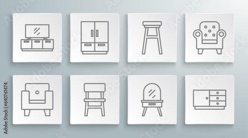 Set line Armchair, Wardrobe, Chair, Dressing table, Chest of drawers, and TV stand icon. Vector