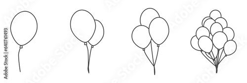 Set of vector illustration of balloons icons, use black color with line design style, Balloon outline icons. Different shapes of ballons for birthday, party icon.