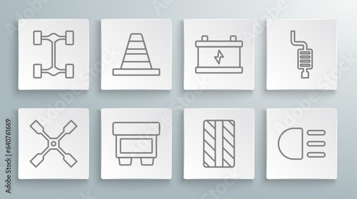 Set line Wheel wrench, Traffic cone, Fuse, Car tire wheel, High beam, battery, muffler and Chassis car icon. Vector