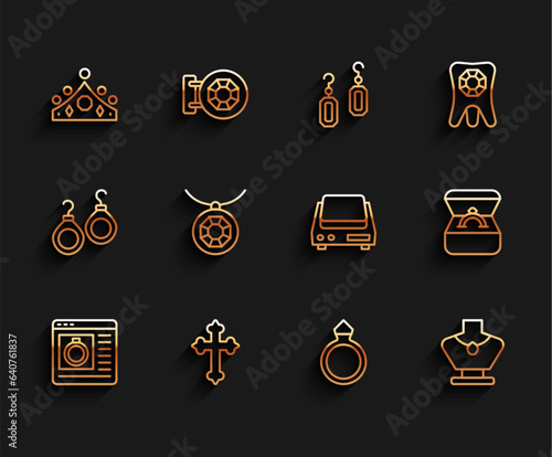Set line Jewelry online shopping, Christian cross, King crown, Diamond engagement ring, Necklace mannequin, Pendant necklace, box and Electronic jewelry scales icon. Vector