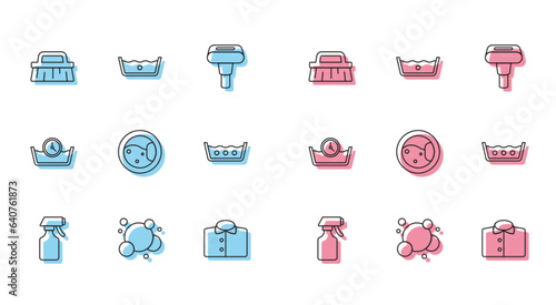 Set line Water spray bottle, Soap water bubbles, Brush for cleaning, T-shirt, Washer, Temperature wash, Time and icon. Vector