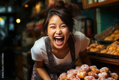 Delighted young woman in a pastry shop  mouth open in awe at the sight of delicious treats around her.