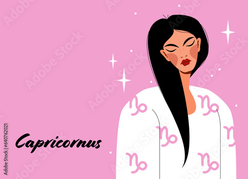 Capricornus zodiac sign. Girl vector illustration. Astrology zodiac profile. Astrological sign as a beautiful woman. Future telling, horoscope, alchemy, spirituality, occultism, fashion