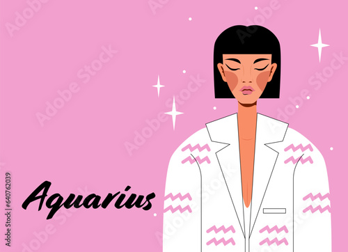Aquarius zodiac sign. Girl vector illustration. Astrology zodiac profile. Astrological sign as a beautiful woman. Future telling, horoscope, alchemy, spirituality, occultism, fashion