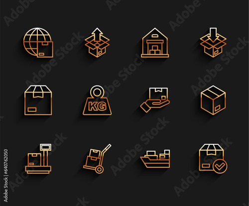 Set line Scale with cardboard box, Hand truck and boxes, Worldwide shipping, Cargo delivery, ackage check mark, Weight, Carton and Delivery hand icon. Vector photo