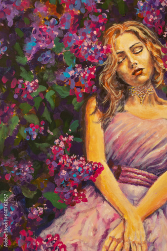 Original artist painting on canvas of a dreaming sleeping girl woman in a long dress among background pink purple lilac flowers fine art realism artwork.