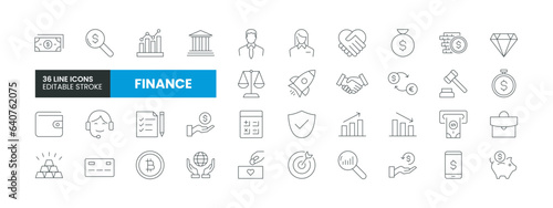 Set of 36 Finance line icons set. Finance outline icons with editable stroke collection. Includes Bank, Money, Coins, Bitcoin, Currency Exchange and More.