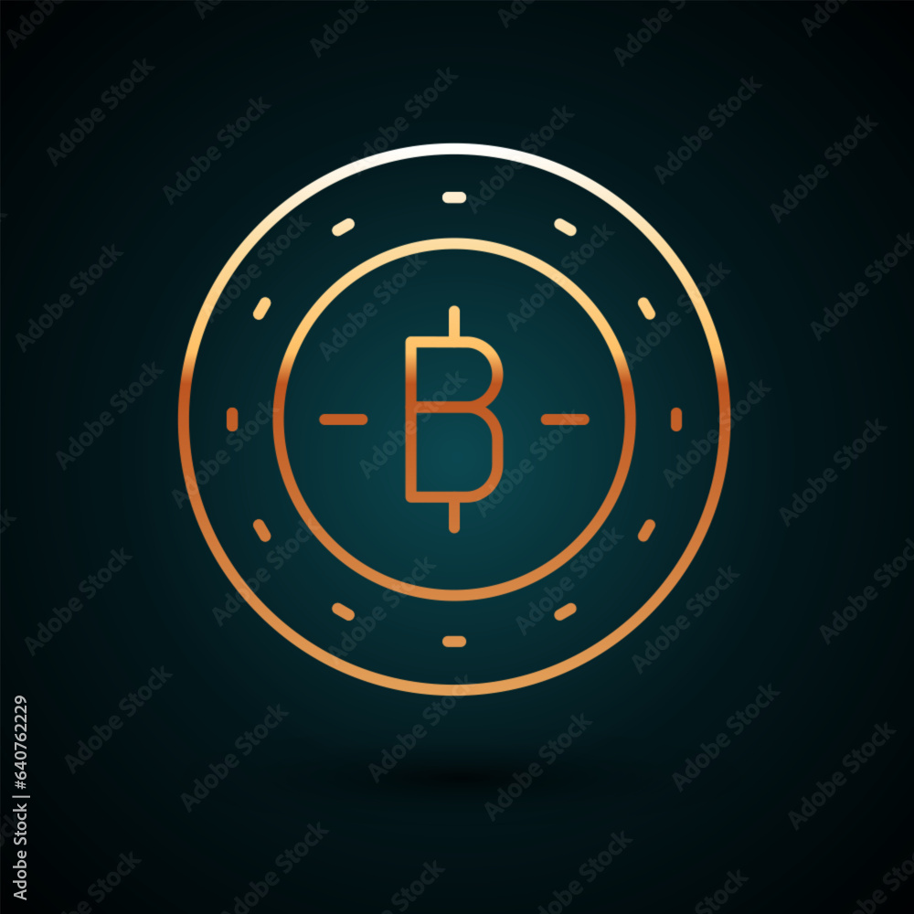 Obraz premium Gold line Cryptocurrency coin Bitcoin icon isolated on dark blue background. Physical bit coin. Blockchain based secure crypto currency. Vector