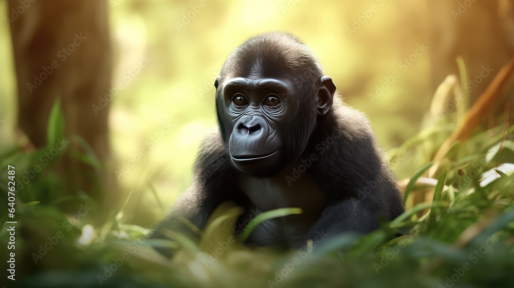 3d cute mascot charact baby gorilla isolatedn on blurred green nature forest background