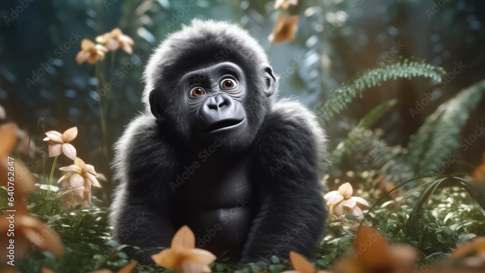 3d cute mascot charact baby gorilla isolatedn on blurred green nature forest background 3d cute mascot charact baby gorilla isolatedn on blurred green nature forest background