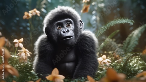 3d cute mascot charact baby gorilla isolatedn on blurred green nature forest background