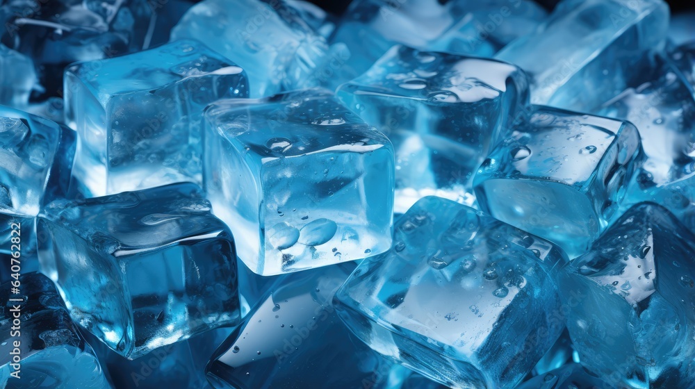 Ice cubes on blue background, macro shot, shallow depth of field. Ice cubes seamless pattern background. Fresh frozen ice background, realistic wallpaper of frozen ice rock blocks. generative AI