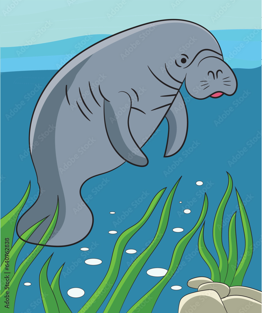 Cartoon manatee swimming underwater with seagrass vector illustration