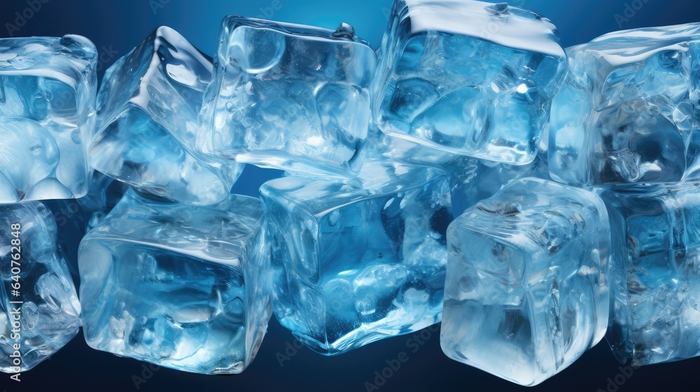 Ice cubes on blue background, macro shot, shallow depth of field. Ice cubes seamless pattern background. Fresh frozen ice background, realistic wallpaper of frozen ice rock blocks. generative AI Ice cubes on blue background, macro shot, shallow depth of field. Ice cubes seamless pattern background. Fresh frozen ice background, realistic wallpaper of frozen ice rock blocks. generative AI