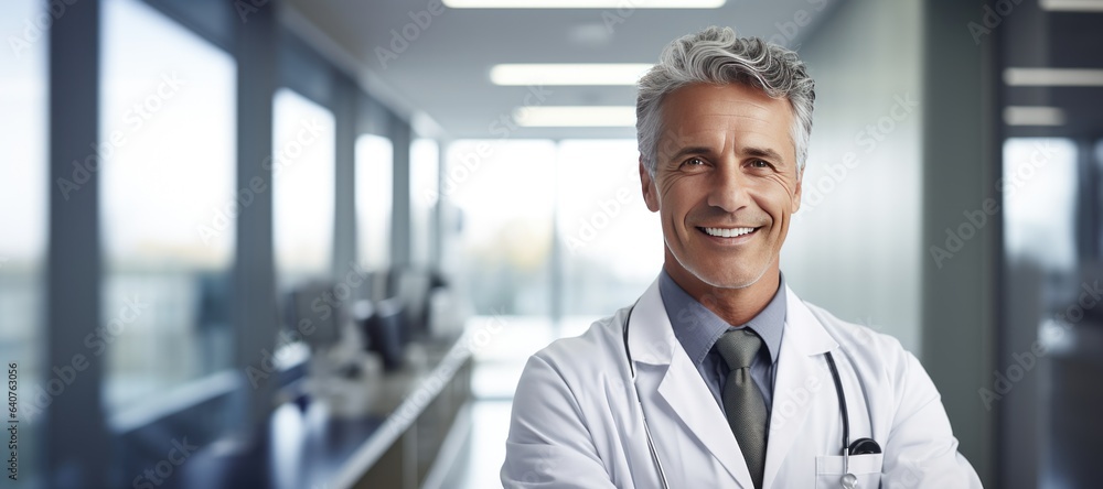 Portrait of smiling mature male doctor in white coat standing in office. Generative Ai. Portrait of smiling mature male doctor in white coat standing in office. Generative Ai.