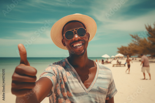 African boy in sunglasses and hat on the beach on vacation shows thumbs up.generative ai 