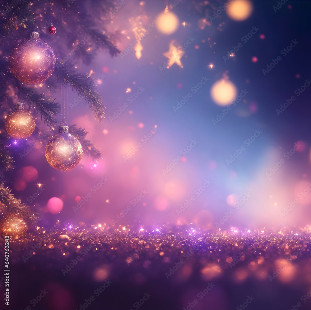 Blurred christmas background with sparkles, stars, shiny garland, illumination, christmas tree, decorations in violet and silver colors. Copyspace for new year greeeting card, postcard.