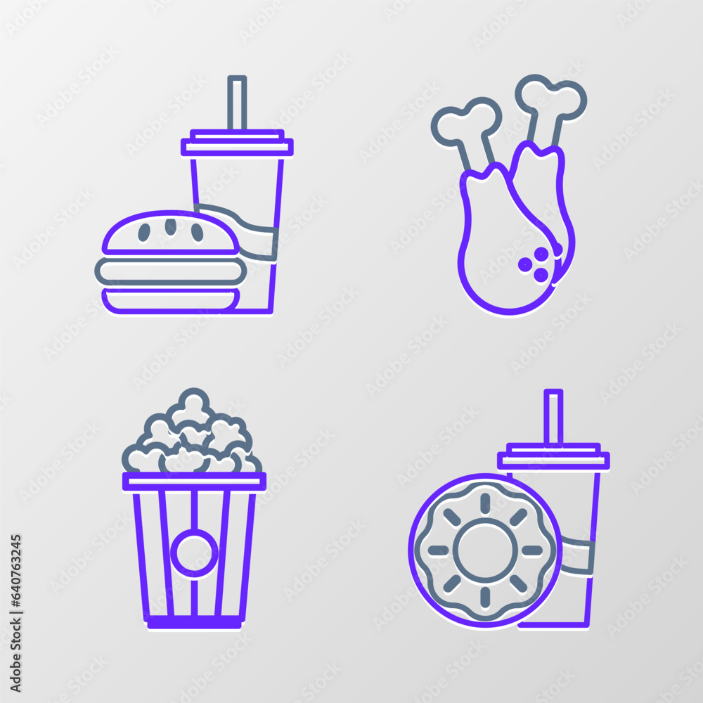 Set line Paper glass with drinking straw and donut, Popcorn cardboard box, Chicken leg and burger icon. Vector