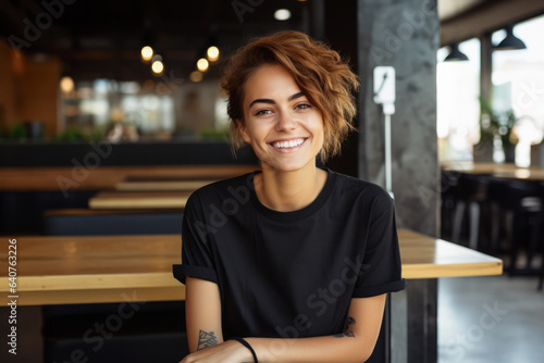 Smiling young woman in a black t-shirt