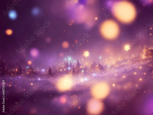 Blurred christmas background with sparkles, stars, shiny garland, illumination, christmas tree, decorations in violet and silver colors. Copyspace for new year greeeting card, postcard.