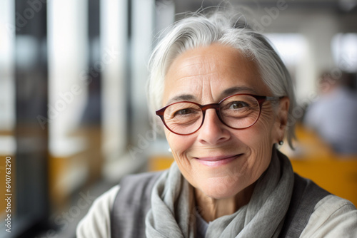 Portrait smiling aged woman with gray hair looking at camera, near the window.	