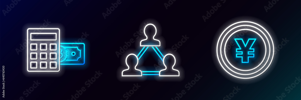 Set line Coin money with Yen symbol, Calculator dollar and Project team base icon. Glowing neon. Vector Set line Coin money with Yen symbol, Calculator dollar and Project team base icon. Glowing neon. Vector