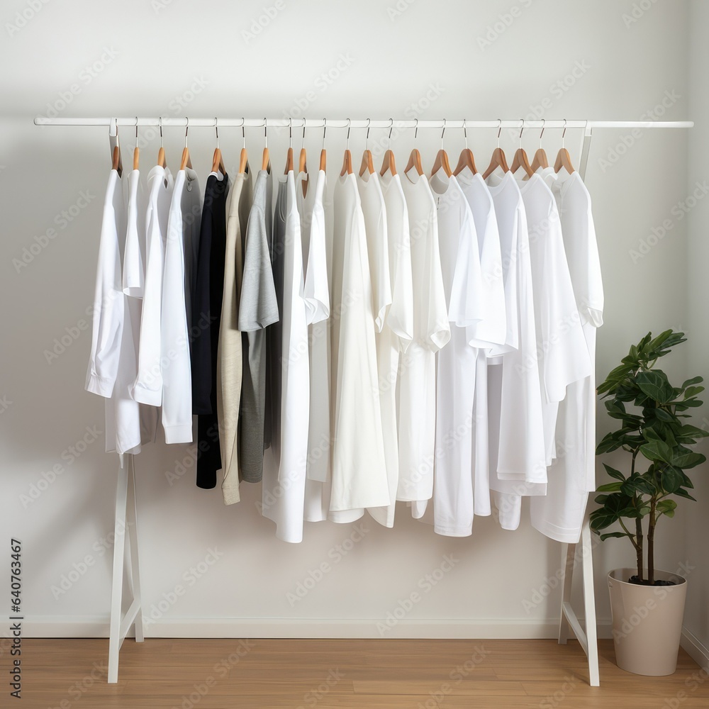 hanger with white, black, gray clothes. selection of clothes by a stylist. capsule wardrobe. clothing store. minimalism. Rack with stylish women's clothes