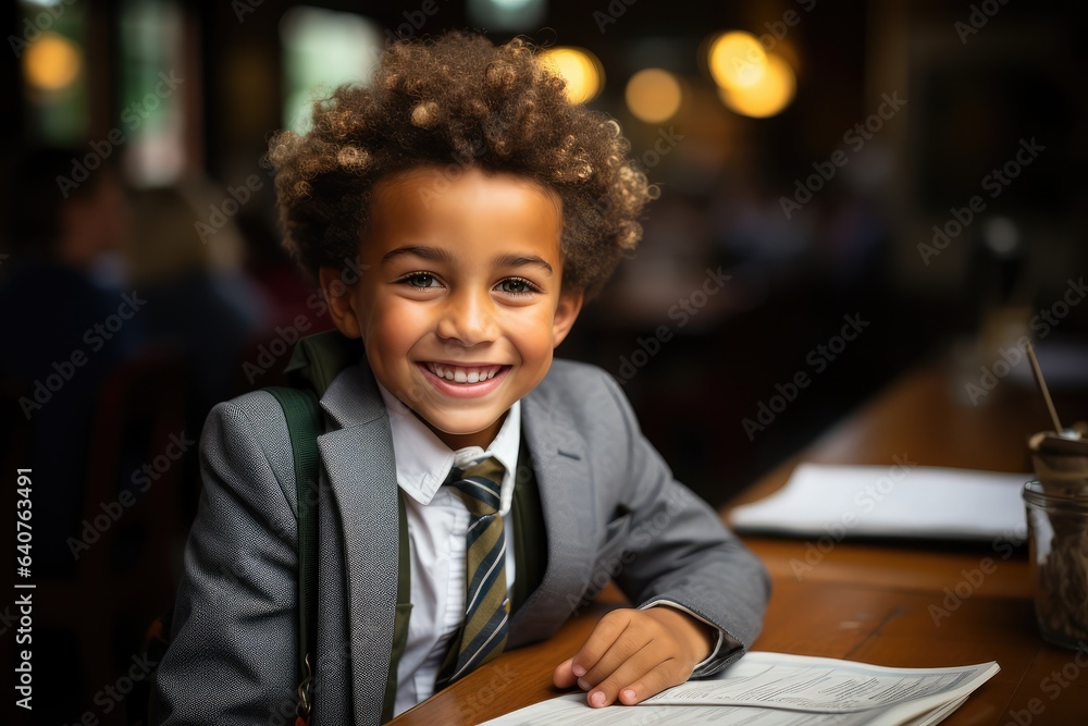 Portrait of happy schoolboy with curly hair sitting at the desk, wearing school uniform, education and studying concept. generative AI Portrait of happy schoolboy with curly hair sitting at the desk, wearing school uniform, education and studying concept. generative AI