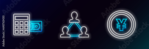 Set line Coin money with Yen symbol, Calculator dollar and Project team base icon. Glowing neon. Vector