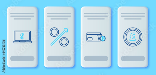 Set line Percent up arrow, Envelope with coin dollar symbol, Laptop and Coin money pound sterling icon. Vector