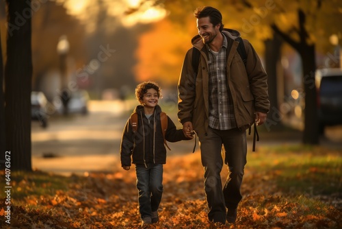 Father and son walking in autumn forest. Happy family having fun outdoors. generative AI