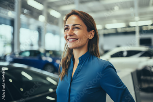 Portrait of a car sales manager in a car dealership smiling.generative ai 