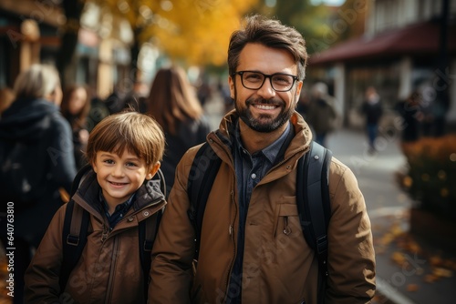 Portrait of a smiling father and son on the street in autumn going to school, first day at school. generative AI