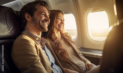Happy smiling couple is flying in an airplane in first class, travel relax and recharge