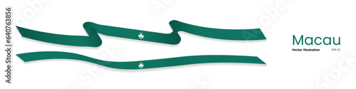 Long horizontal Macau Flag. 3d rendering Flag of Macau, long Macanese Satin Flag Ribbons. Macanese Flag ribbons isolated on white background. Editable Vector Illustration.