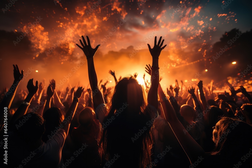 Music open air festival with dancing and cheering audience on fireworks light background.generative AI Music open air festival with dancing and cheering audience on fireworks light background.generative AI