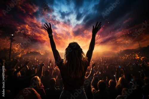Crowd cheering at a music festival and raising their hands in the air. Music open air festival with dancing and cheering audience on fireworks light background. generative AI