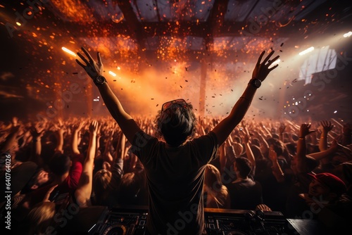 Music open air festival with dancing and cheering audience on fireworks light background. DJ with hands up enjoy and celebrating evening concert from consolle. generative AI