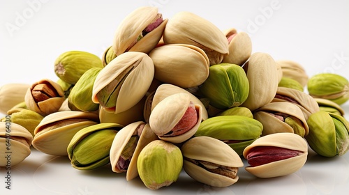 An image of a bunch of pistachios showing their texture and variety on a white background.