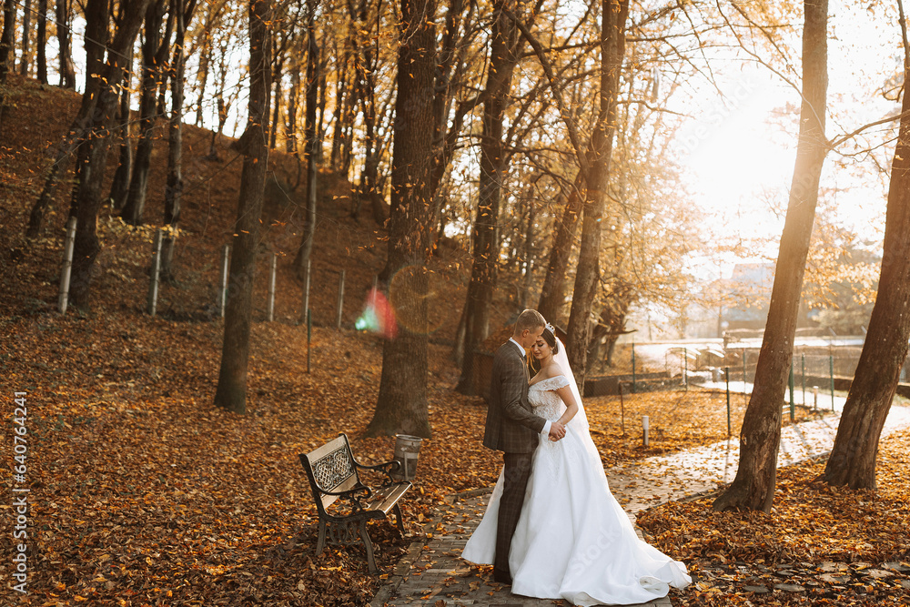 A fabulous romantic newlywed couple is hugging at sunset in an autumn park with leaves from trees on the grass. Wide angle photo