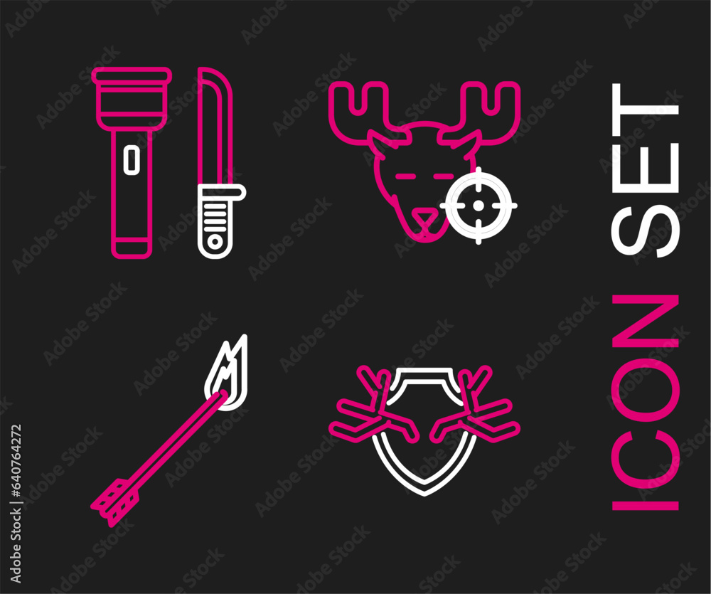 Set line Deer antlers on shield, Flame arrow, Hunt moose with crosshairs and Flashlight and knife icon. Vector Set line Deer antlers on shield, Flame arrow, Hunt moose with crosshairs and Flashlight and knife icon. Vector