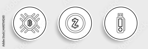 Set line USB flash drive, CPU mining farm and Cryptocurrency coin Zcash ZEC icon. Vector