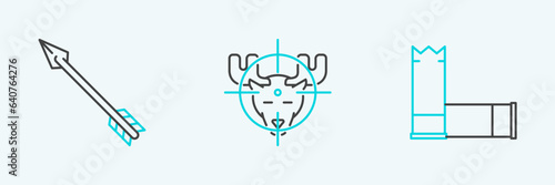 Set line Cartridges, Hipster arrow and Hunt on moose with crosshairs icon. Vector